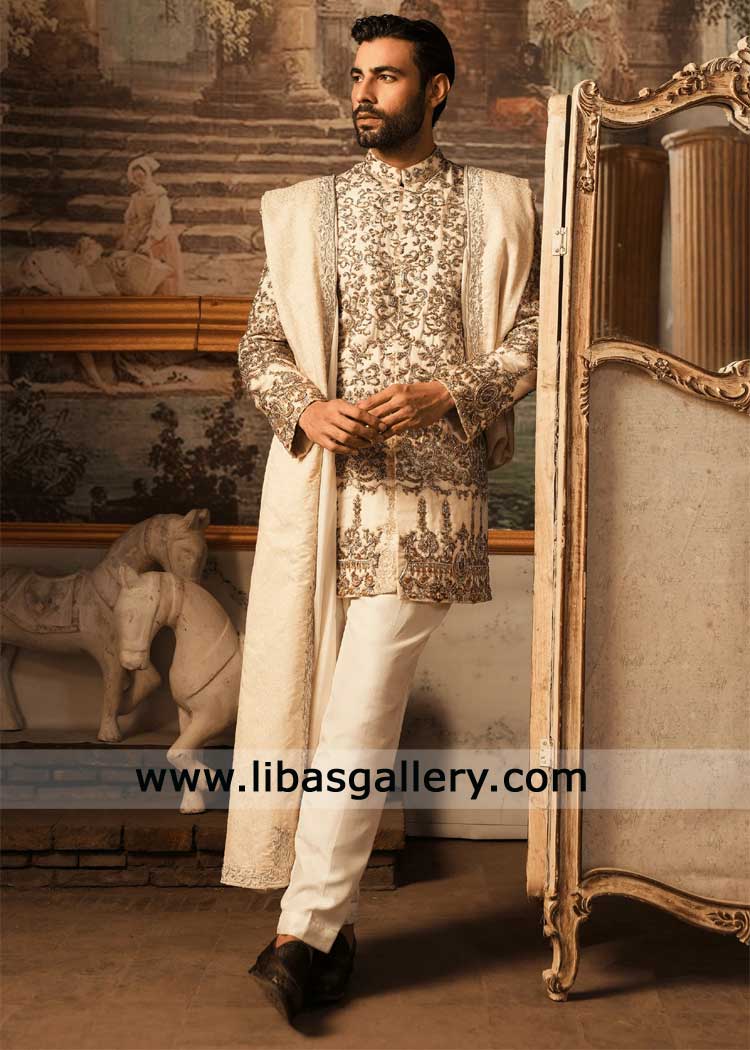 Ivory Hand Embellished Short Sherwani for Groom