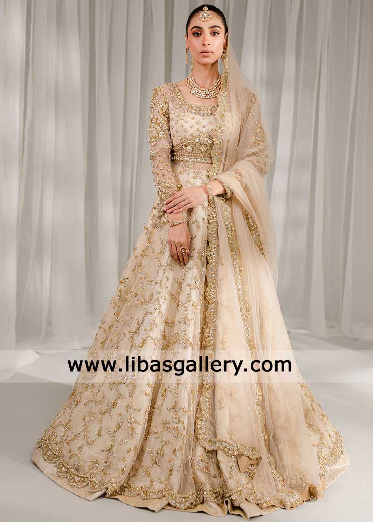 Heritage Ivory Bridal Peshwas with Hand-Worked Banarsi Lehenga- Wedding Gown and lehenga with Floral Gold hand embellishment Heritage Ivory Bridal Peshwas with Hand-Worked Banarsi Lehenga- Wedding Gown and lehenga with Floral Gold hand embellishment