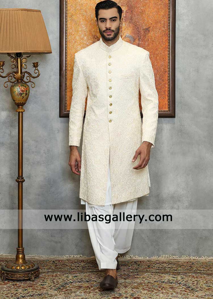 Ivory Embroidered Wedding Sherwani for Groom