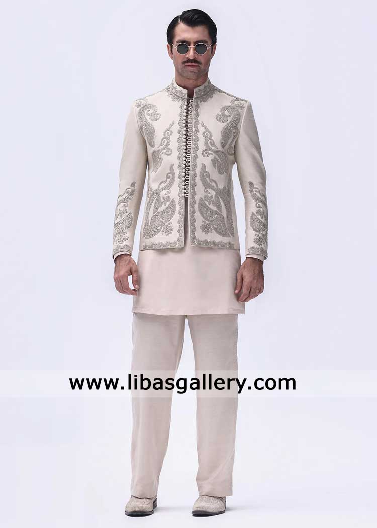 Shop Ivory Embroidered Short Groom Prince Coat | Luxury Wedding & Nikah Wear USA