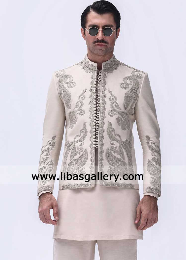 Ivory Embroidered Short length Groom prince coat
