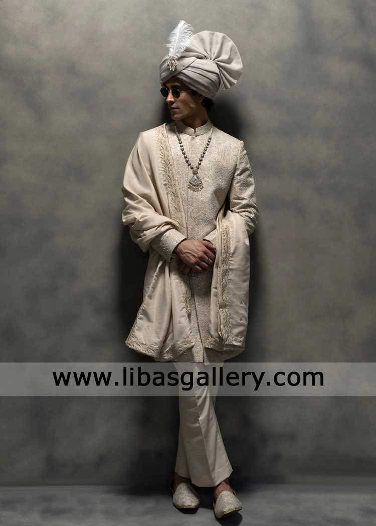 premium Ivory sherwani featuring full handwork embroidery with matching embroidery shawl Turban Khussa Glasgow Nevada Mississauga Dubai