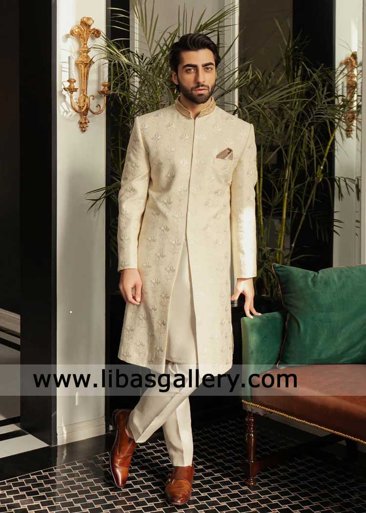 Ivory Embroidered Nikah Sherwani with Gold Embellished Collar