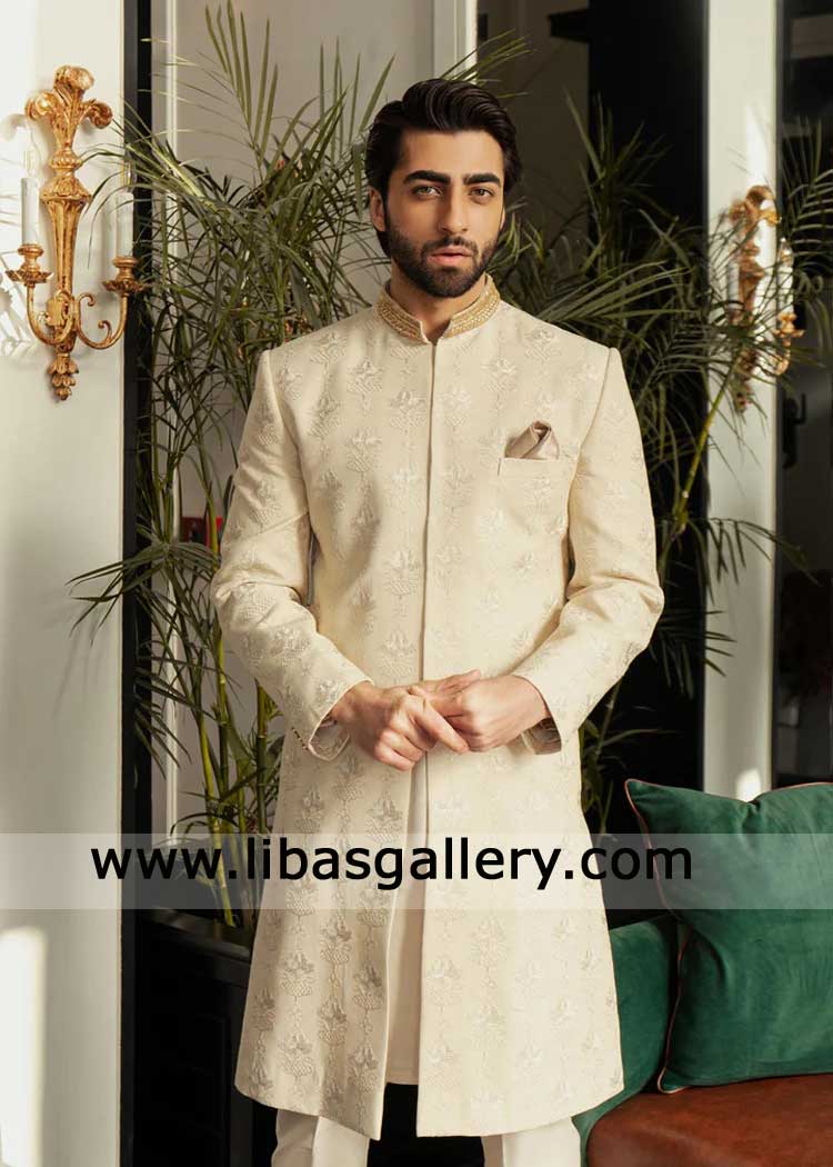 Ivory Embroidered Nikah Sherwani with Gold Embellished Collar