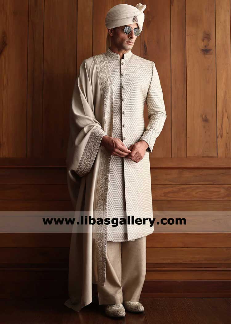 Ivory Embroidered Groom Wedding Shawl for Nikah