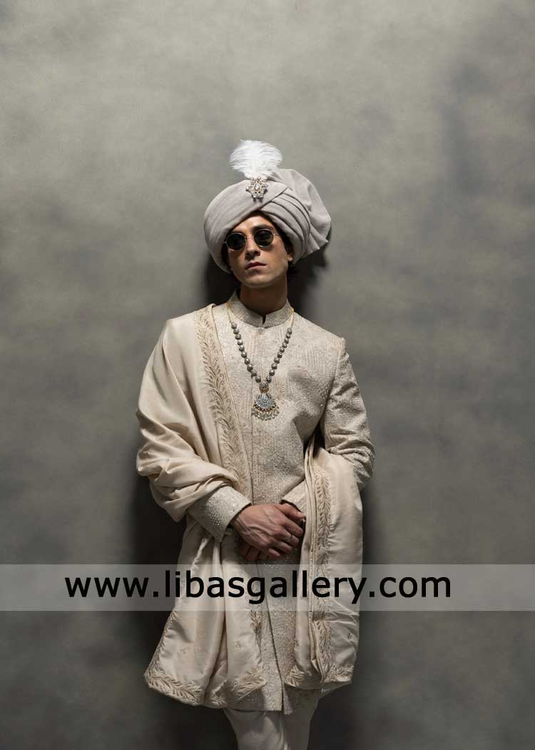 Luxury Ivory Embroidered Groom Wedding Sherwani