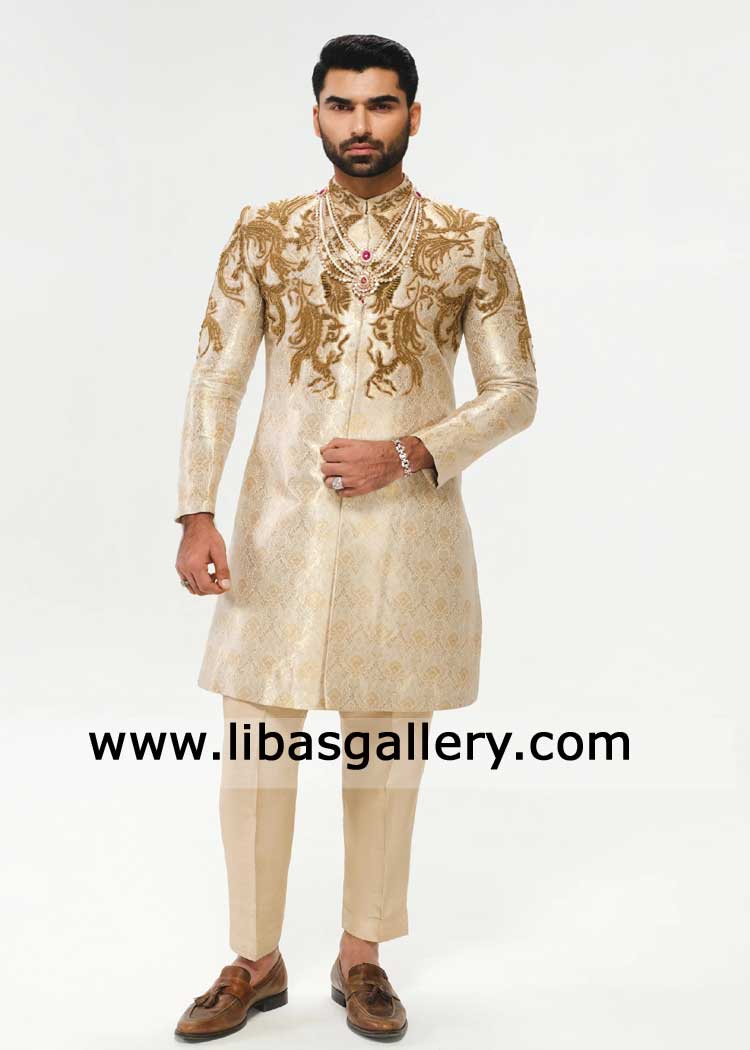 Regal Ivory Sherwani with Antique zardozi hand embellishment crafted from Raw Silk with timeless elegance kurta pants UK USA Canada