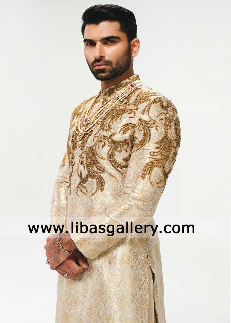 Ivory Groom Sherwani with Copper hand embellishment