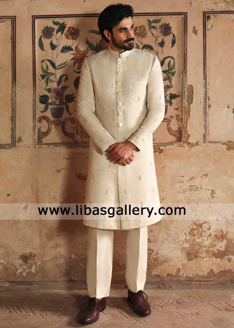 Ivory karandi self embroidered groom wedding sherwani