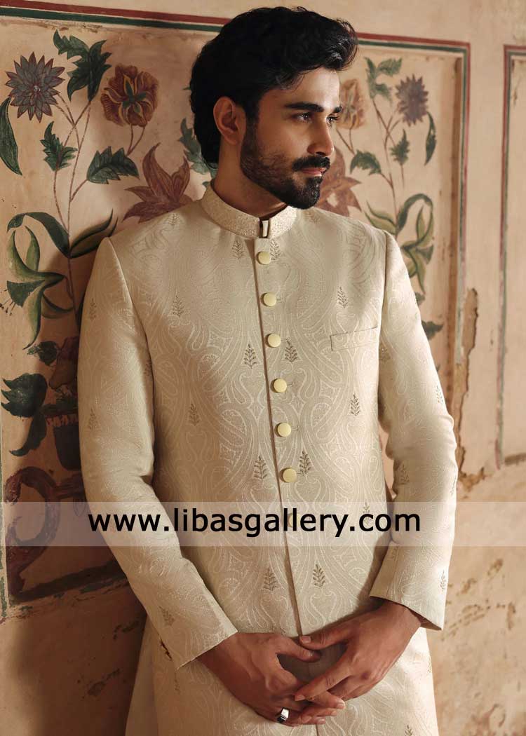 Ivory karandi self embroidered groom wedding sherwani