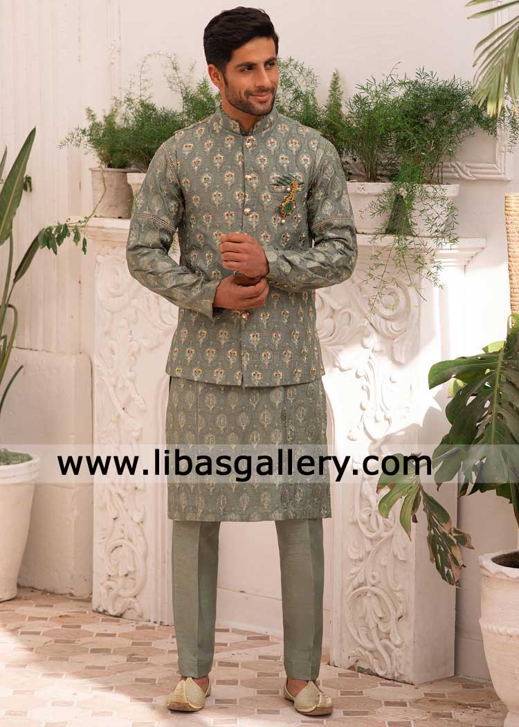 Jade Green Embroidered Waistcoat Style for Groom