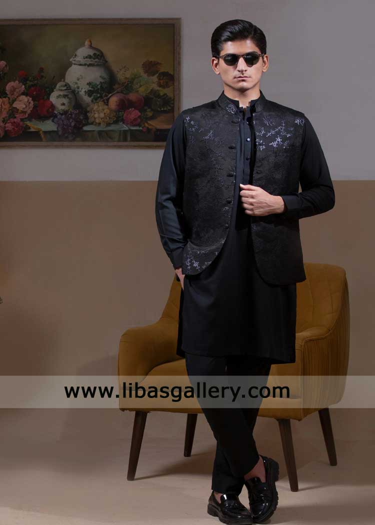 Jet Black Sequins Embroidered Luxury Groom Waistcoat | kurta Suit