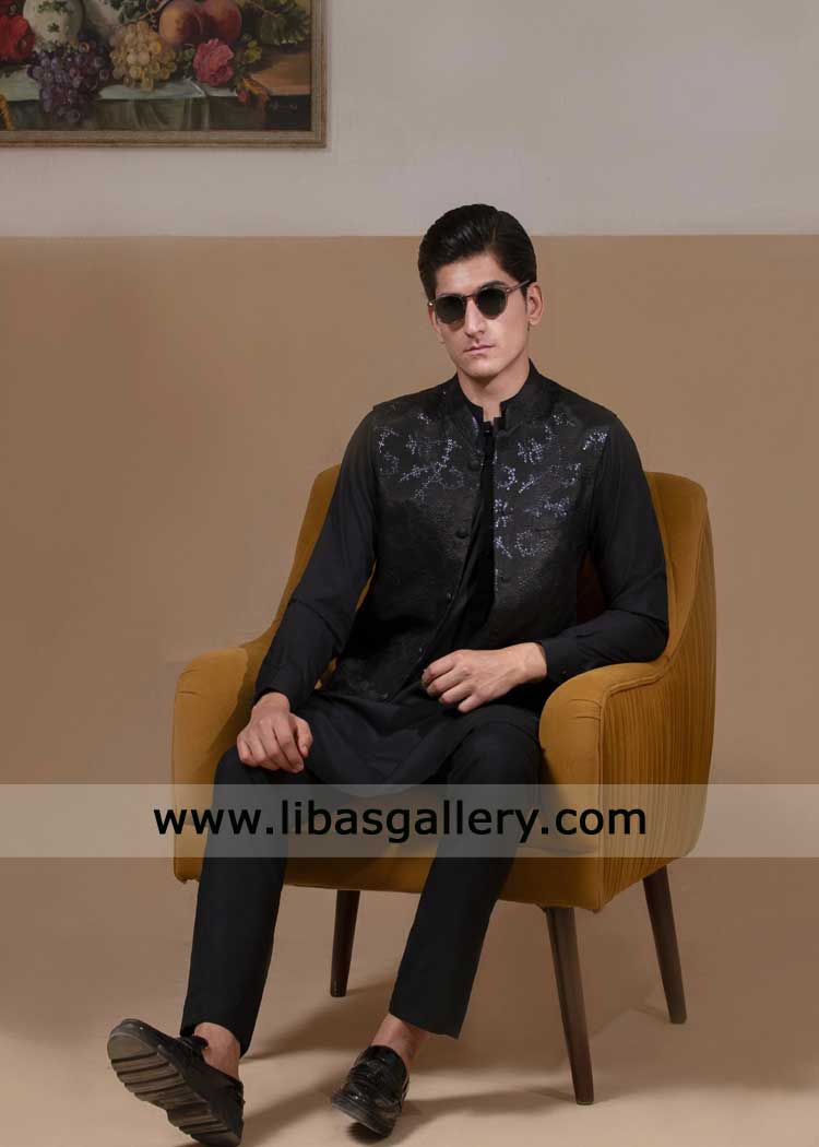 Jet Black Sequins Embroidered Groom Waistcoat
