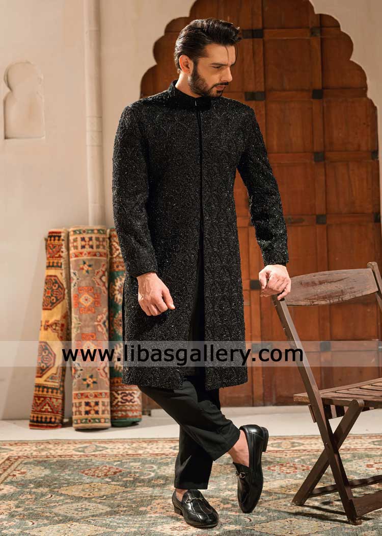 jet black hand embellished groom wedding sherwani for Barat Nikah celebrations adorned kora beads work Illinois New York Nashville USA