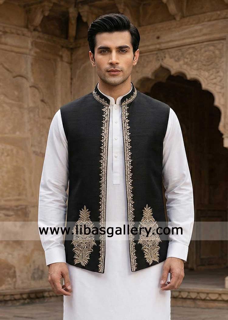 Jet Black waistcoat for groom with gold embroidery