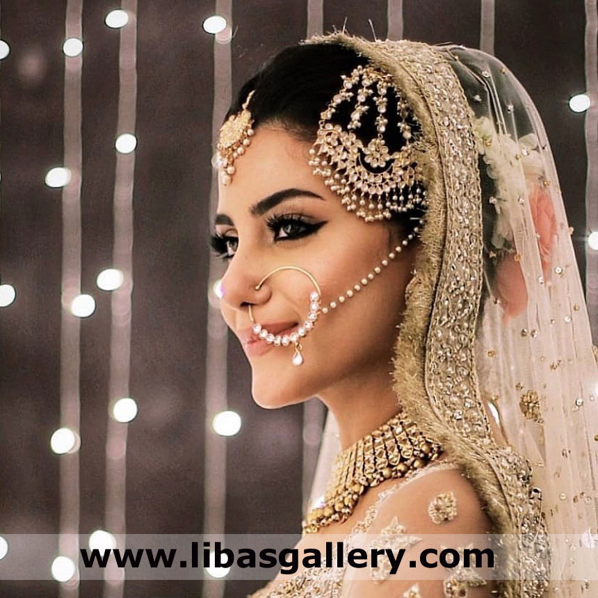 Pretty Bride Smiling in Classic Jewellery Set on Walima set included necklace nath earrings jhumer uk usa canada