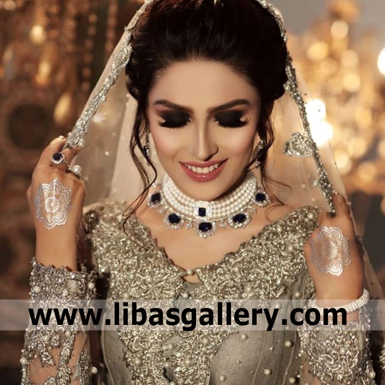 beautiful cultural high quality pearl and 925 sterling silver bridal jewellery set ayeza khan actress wearing suitable light type event barat nikah uk usa canada