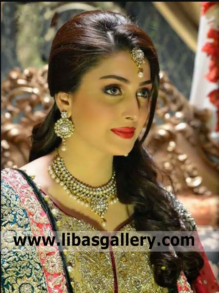 Magnificent bridal jewellery set for fair complexion muslim dulhan ayeza khan sharing her innocent face with necklace earrings tika uk usa canada