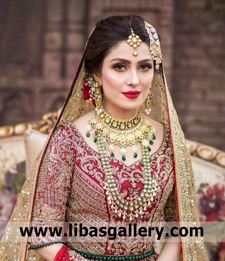 ayeza khan advertising gold plated ruby red drop shape crystals cultured pearls in bridal jewellery set tika necklace earrings uk usa canada