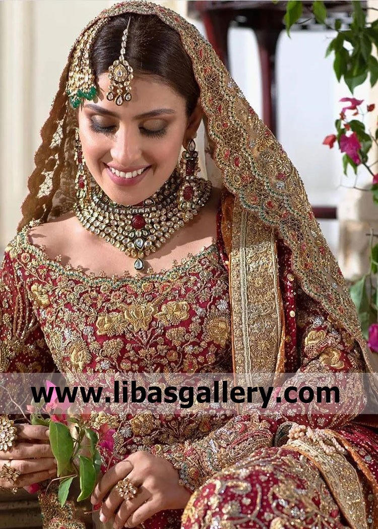 opulent bridal jewellery set for pretty nikah barat day queen ayeza khan fresh face wearing necklace tika earrings jhumer ruby red emerald green chicago california usa