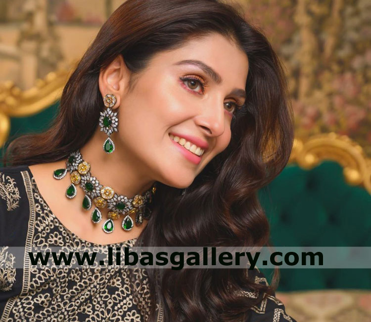 New jewellery set for glossy face fair complexion bride emerald green and gold necklace and 3 step earrings pair mehndi gathering dubai saudi arabia germany