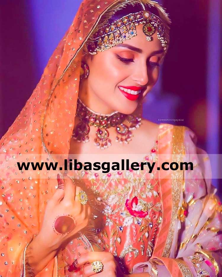 ayeza khan dashing girl in multi color wedding jewellery set stones pearls beads cubic zircons 925 sterling silver mehndi nikah walima france america greece