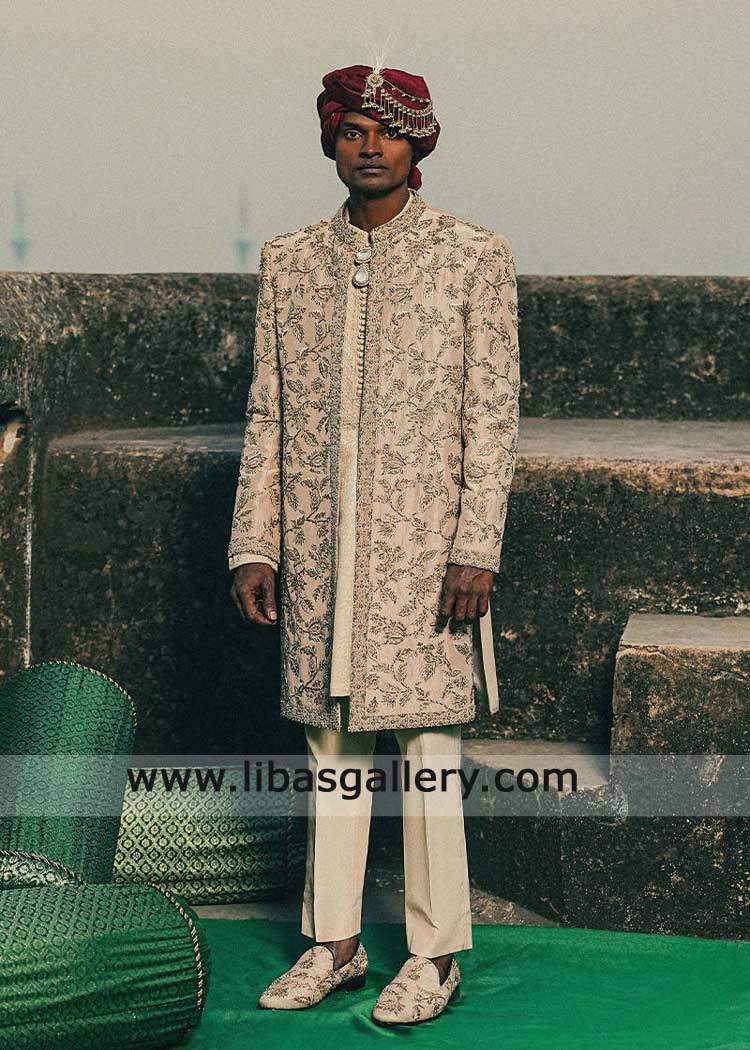 Khaki embroidered luxury raw silk groom sherwani 
