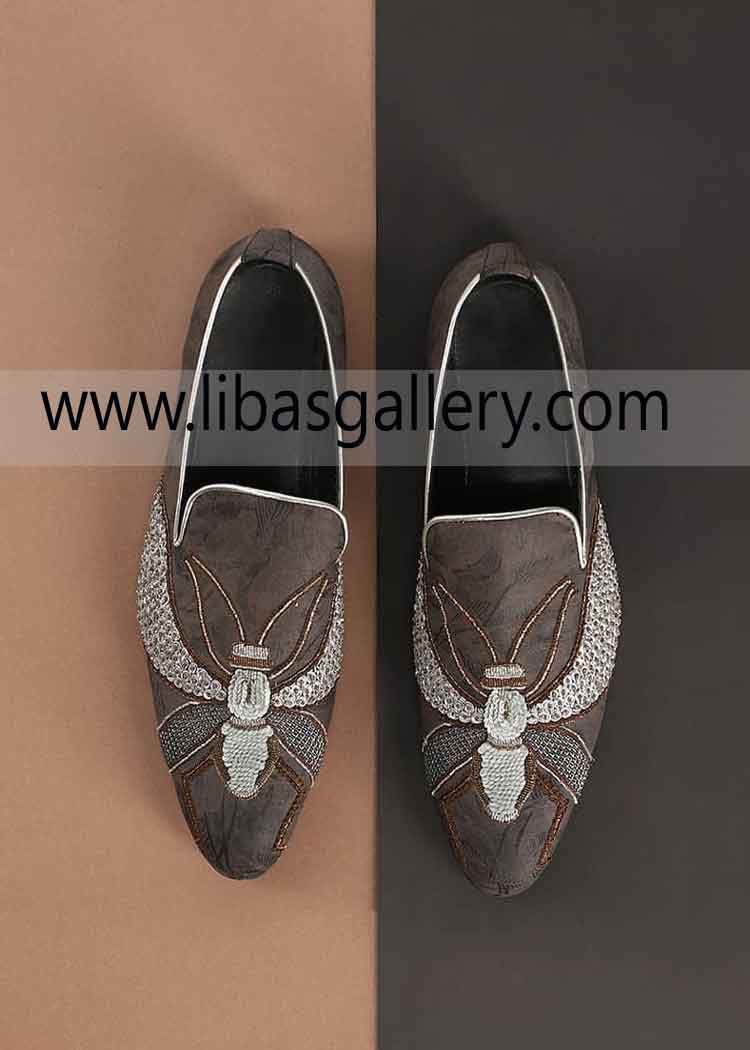 buy online bee design work groom fancy kind of designer khussa hand embellishment custom made shoe shape Qatar Saudi Arabia Dubai