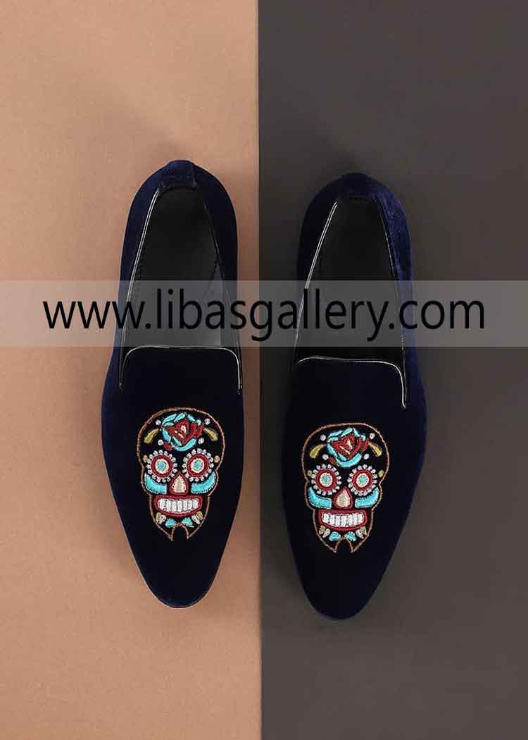 Blue multi color embellished khussa for Groom Barat Nikah Rukhsati day shop by paypal and CC UK USA Canada