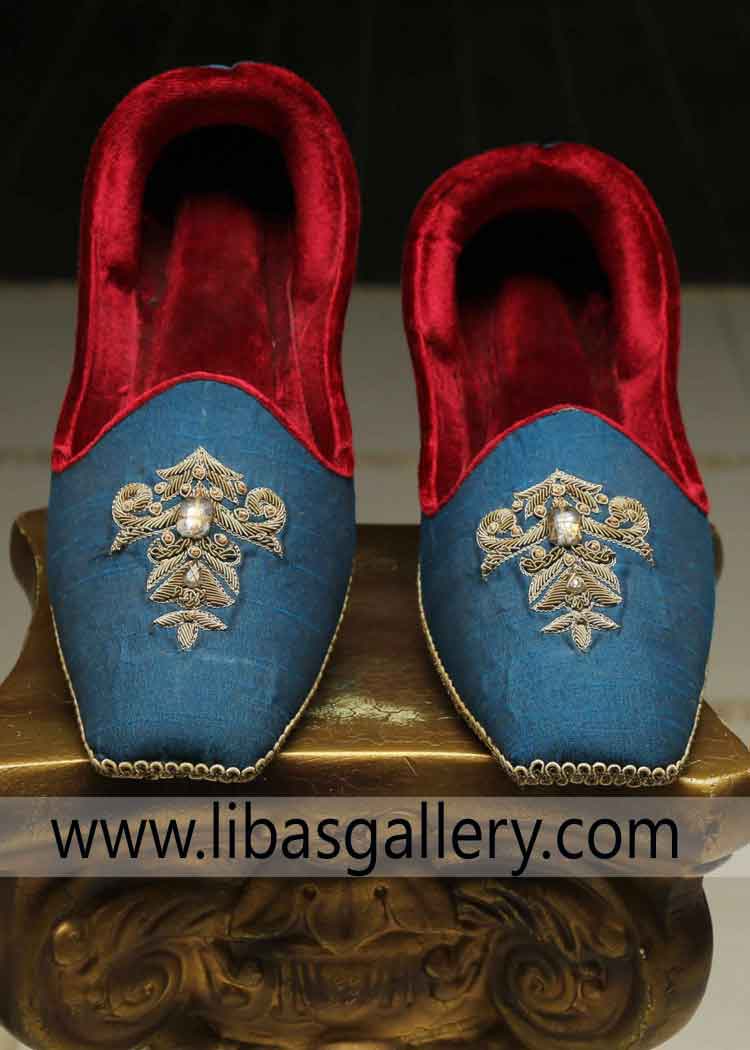 Groom Embroidered Wedding day Khussa Design in blue with dull gold hand embroidery motif superb stitching and fitting made on shoes size UK USA Canada