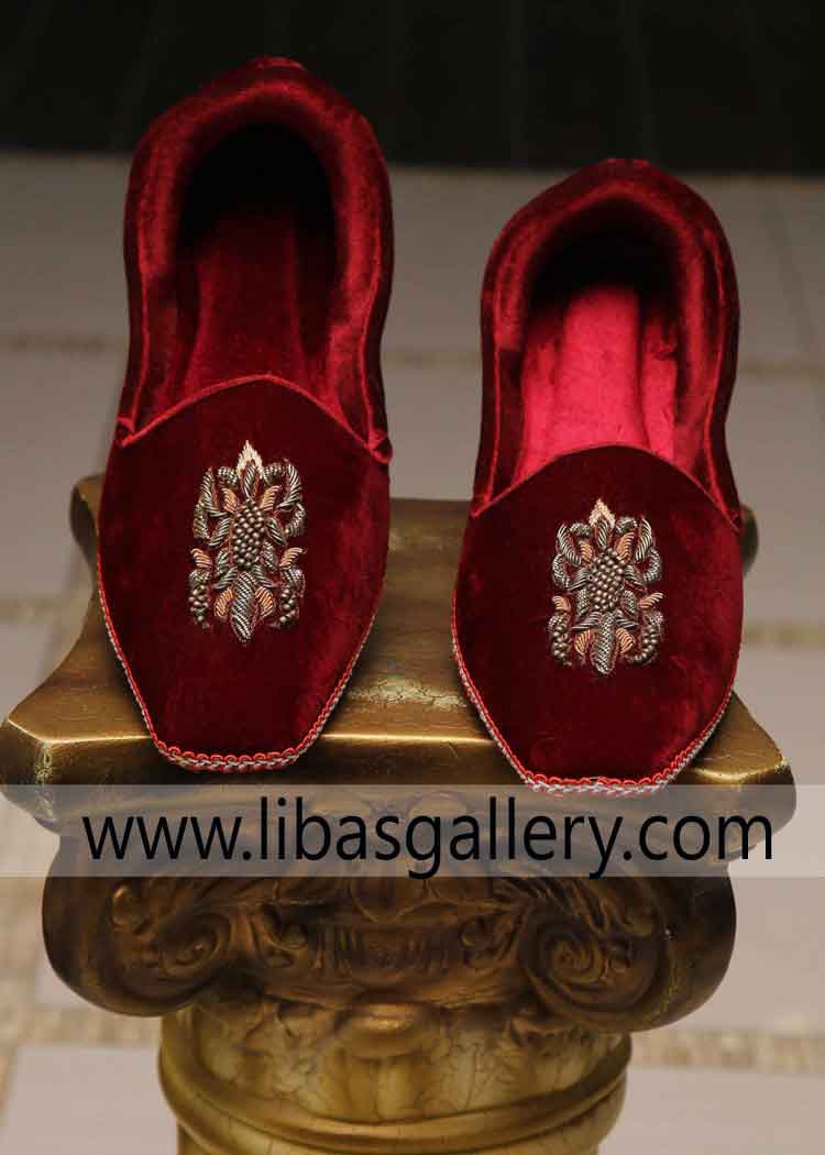 Red Velvet Groom Nikah Day Khussa Style with hand embellishment by Top Class kora and high quality beads custom made Houston San Antonio USA