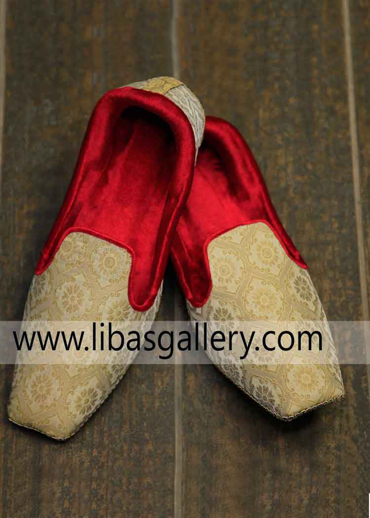 Gold Jamawar Latest Groom Khussa Design for Wedding hand made high quality fast delivery royal shoes for nikah barat Atlanta Augusta Columbus USA