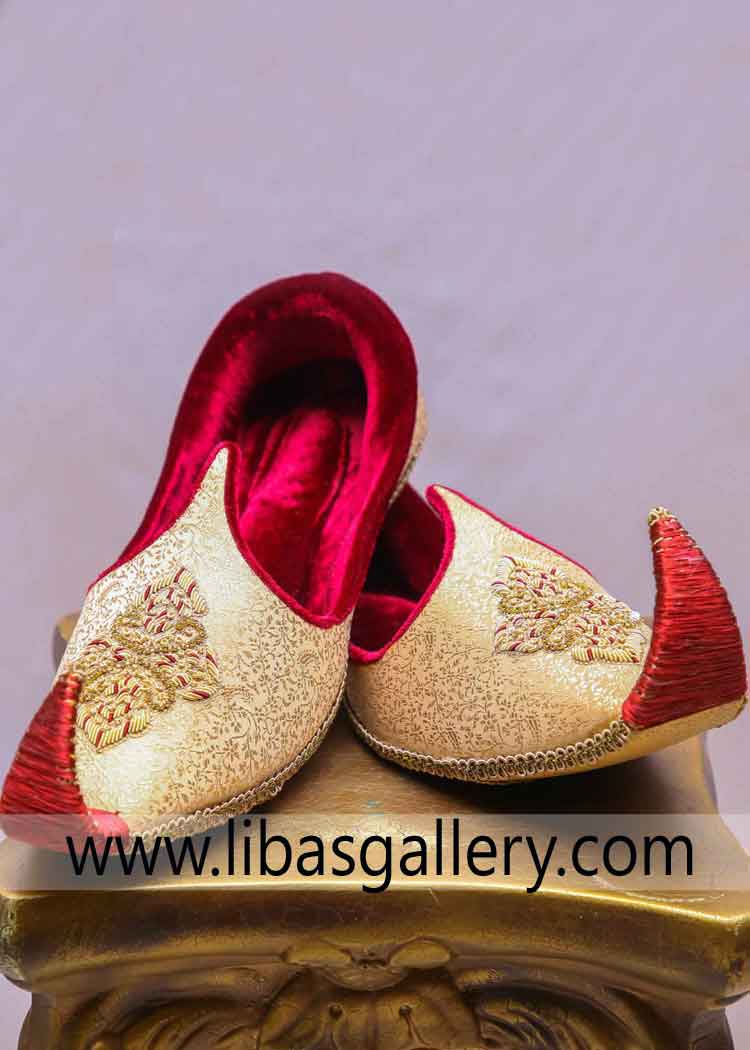 Gold Jamawar Fabric Khussa with Red Gold hand Embellishment by kora dabka stones foot comfort Mughal royal shoes Perth Sydney Australia