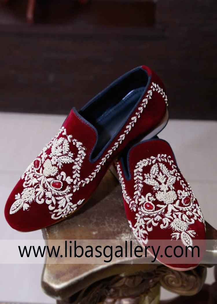 Red Khussa for Groom with classic White thread Embroidery heavy on upper side easy walk and comfortable foot wear France Germany Singapore