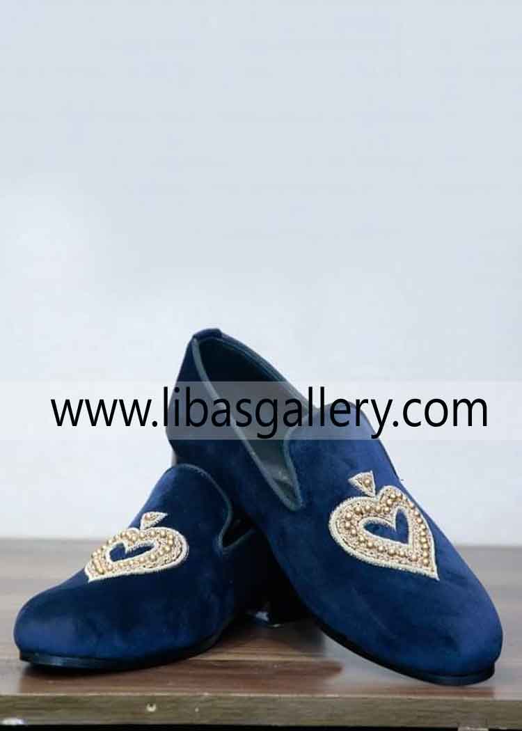Men Blue Velvet Mughal Shoes for Wedding Event