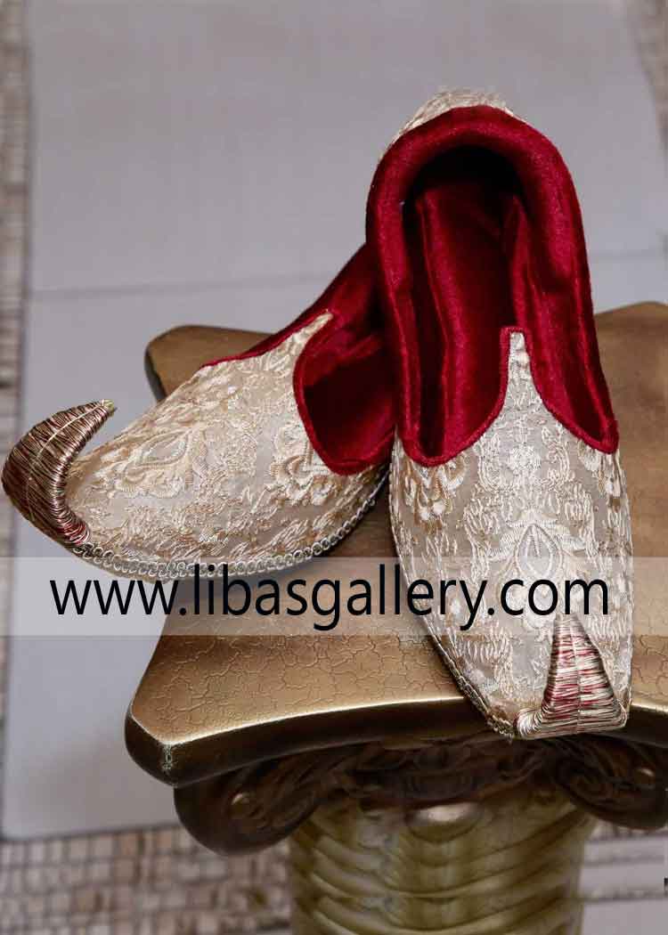 Golden charming Saleem Shahi Khussa for Men Marriage with red inner area move in banquet easily in our khussa Germany France Spain