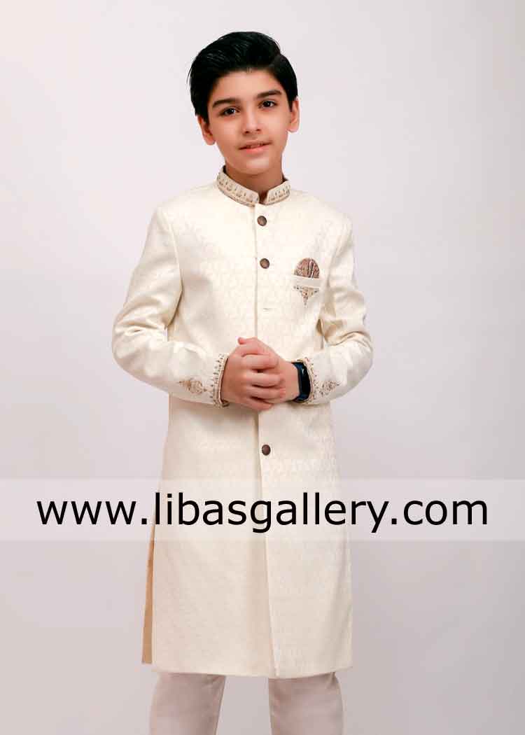beautiful cream light color kids boys sherwani for eid and event with inner suit uk usa canada 