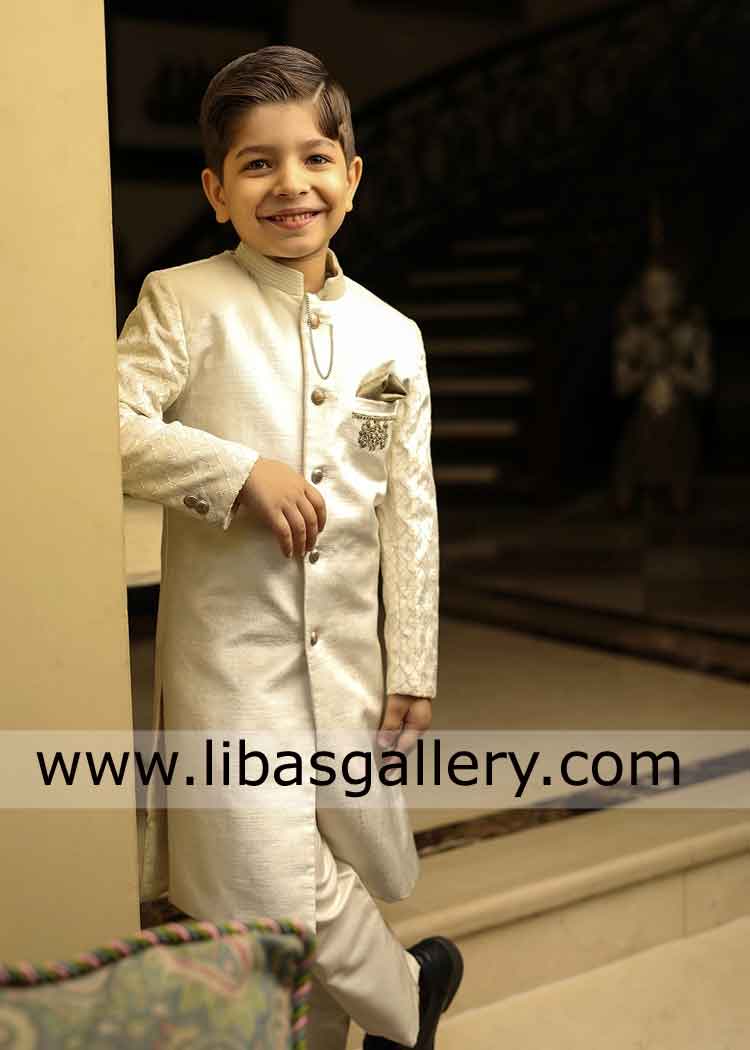 stylish cream kids sherwani for eid and mehndi