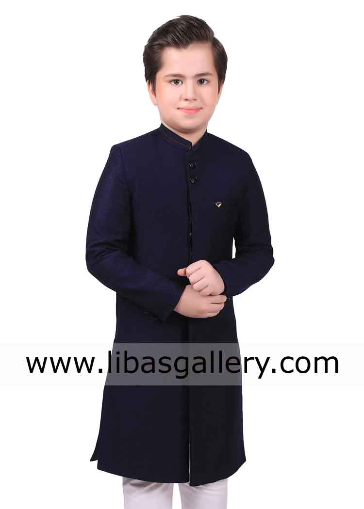 Navy blue attractive embroidered sherwani for cute kids