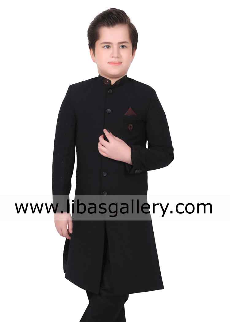 Fair color cute kid modeling for black sherwani suit 