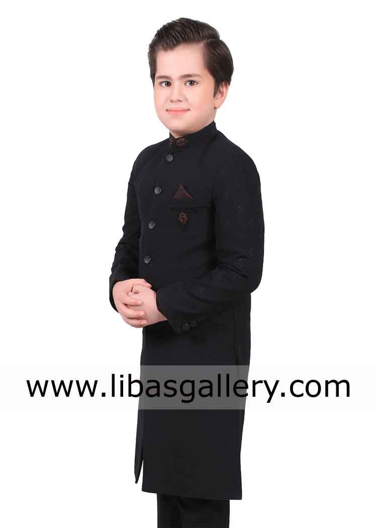 Fair color cute kid modeling for black sherwani suit 