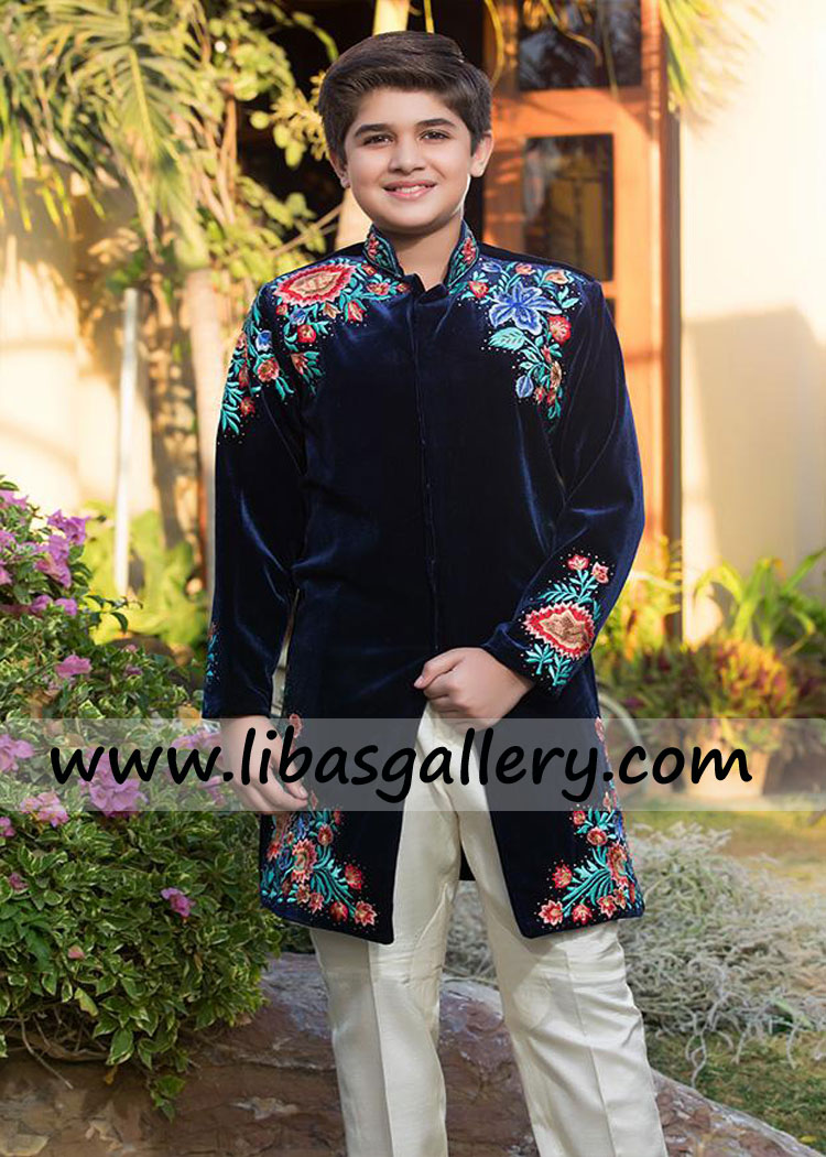 Navy blue velvet kids sherwani suit stitched ready to ship for eid and jumma prayer with father uk usa canada