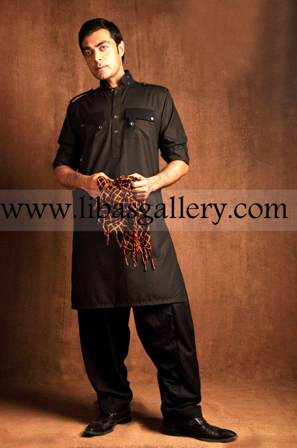 Maazjee Kurta Collection 2014 Military Style Kurta with Front Pocket Side Pocket for Eid 2014 Buy online Maazjee Kurta Shalwar Suits for Eid 2014 USA,UK,Canada,Dubai,Australia