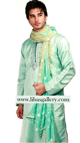 light green kurta shalwar for mehndi function event designer kurta men`s wear Pakistan India Dubai UK USA