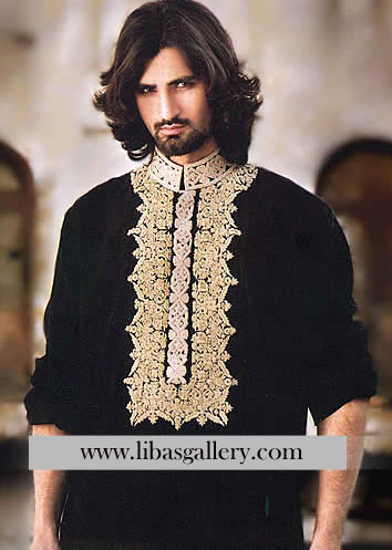 Black embroidered kurta for mehndi umar sayeed kurta shalwar men`s wear UK USA Canada Dubai Australia