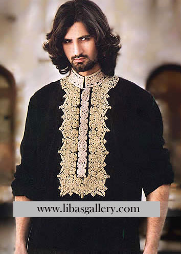 Black Embroidered Kurta for Mehndi Men