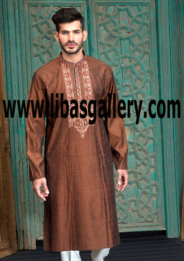 Kurta Shalwar Styles 2015 Designs Embroidered Kurta Collection by Amir Adnan for Men stitched Ready to Ship UK,USA,Canada