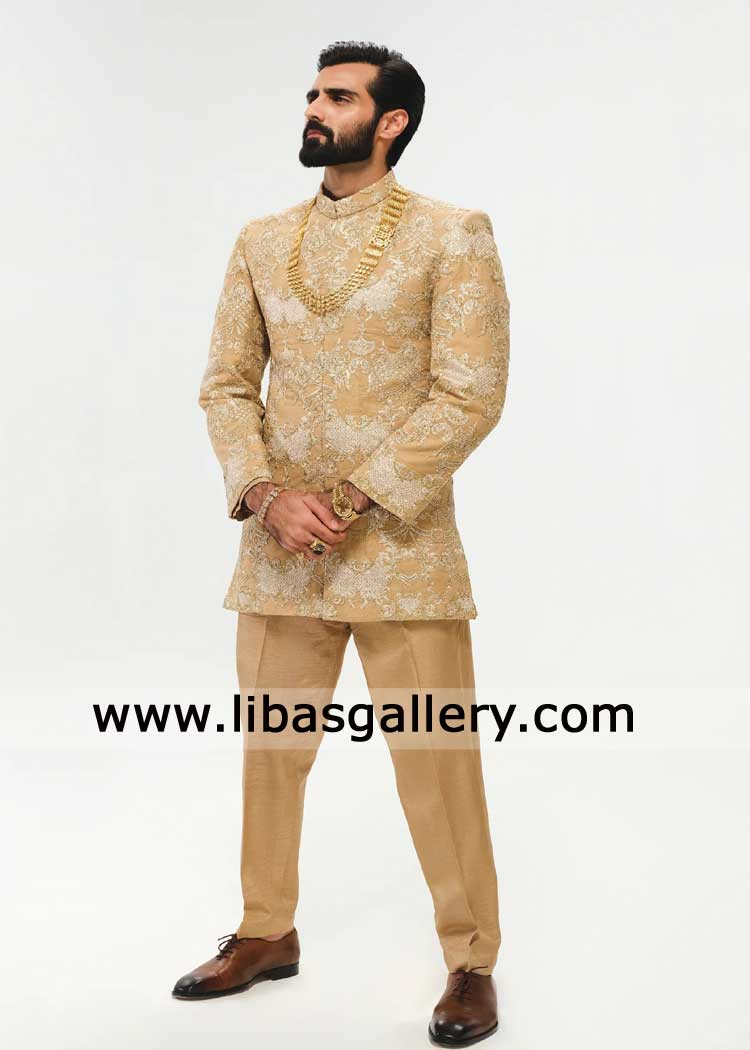 light beige prince coat with premium embroidery for groom Scotland London UAE Florida Sydney