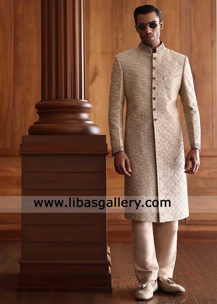 Light Beige refined look hand embroidered groom Nikah Barat sherwani on raw silk matching soft inner kurta trousers Chicago Florida Sugarland USA