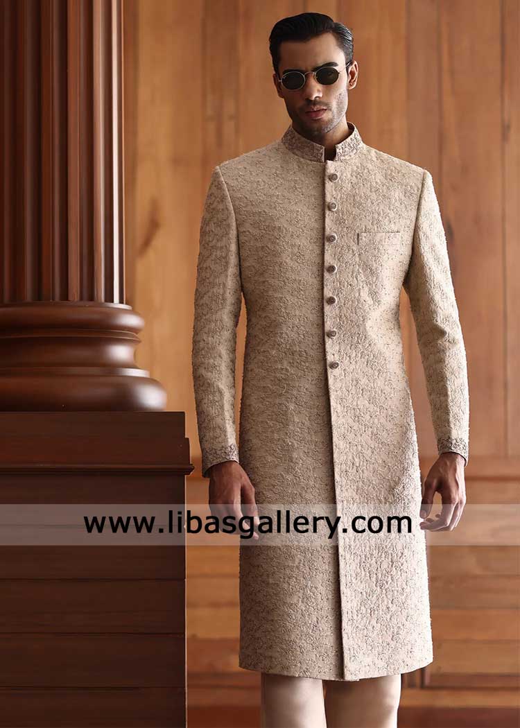 Light Beige Refined Barat Look Groom embellished Sherwani